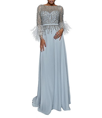 Terani Couture Cascade Beaded Boat Neck Feather Cuff Sleeve Belted A-Line Gown