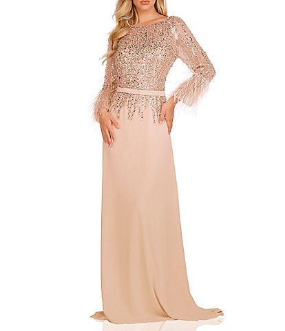 Terani Couture Beaded Boat Neck Feather Cuff Sleeve A-Line Gown