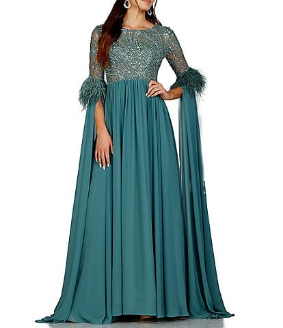 Terani Couture Beaded Bodice Long Draped 3/4 Sleeve Feather Trim Gown