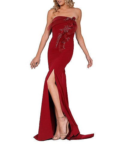 Terani Couture Beaded Floral Applique Strapless Thigh High Slit Mermaid Gown