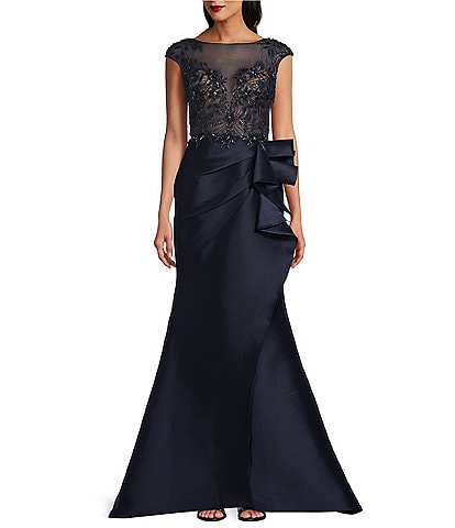 Terani Couture Beaded Illusion Boat Neck Cap Sleeve Ruffle Gown