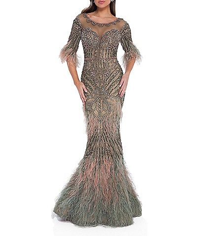 Terani Couture Beaded Illusion Boat Neck Feathered 3/4 Sleeve Mermaid Gown