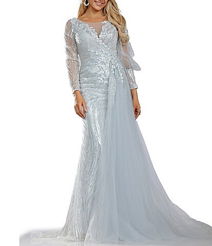 Terani Couture Beaded Long Sleeve Illusion Jewel Neck Front Tulle Drape A-Line Gown