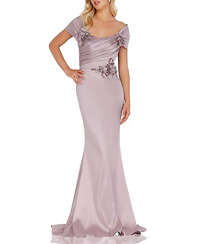 Terani Couture Beaded Off-the-Shoulder Cap Sleeve Back Detail Mermaid Gown