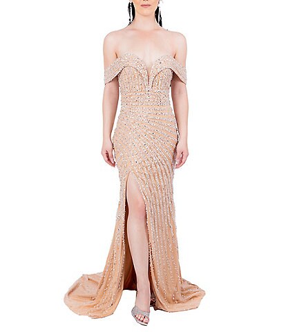 Terani Couture Beaded Off-the-Shoulder Cap Sleeve Mermaid Gown