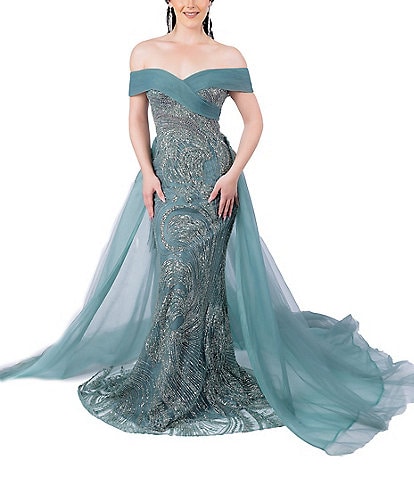Terani Couture Beaded Off-the-Shoulder Chiffon Overlay Mermaid Gown