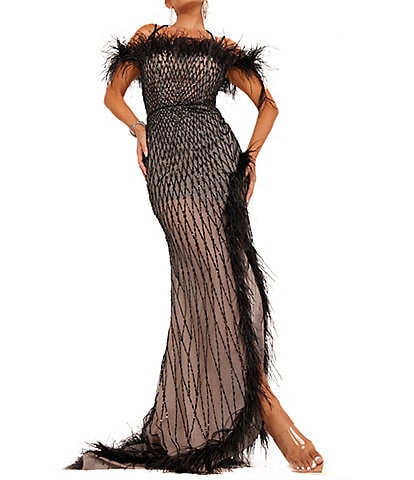 Terani Couture Beaded Off-the-Shoulder Sleeveless Feather Trim Gown