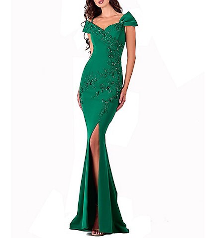 Terani Couture Beaded Off-the-Shoulder Sweetheart Neck Cap Sleeve Thigh High Slit Gown