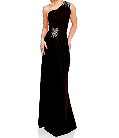 Terani Couture Beaded One Shoulder Sleeveless Beaded Waist Gown