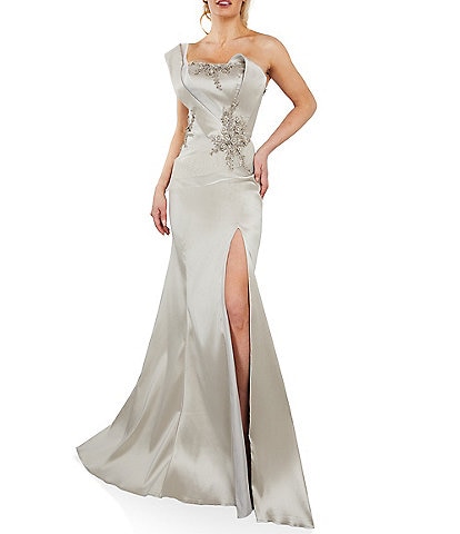 Terani Couture Beaded One Shoulder Sleeveless Front Slit Mermaid Gown