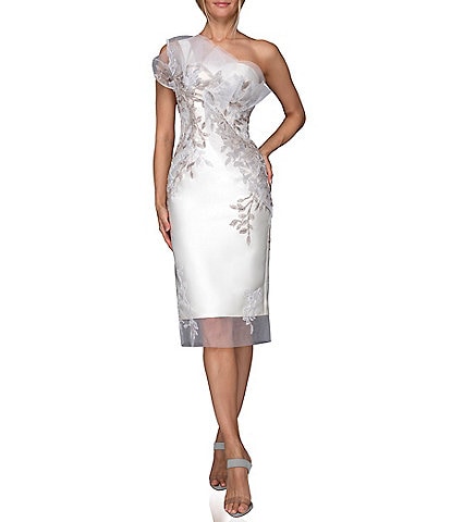 Terani Couture Beaded One Shoulder Sleeveless Tool Embellished Midi Dress