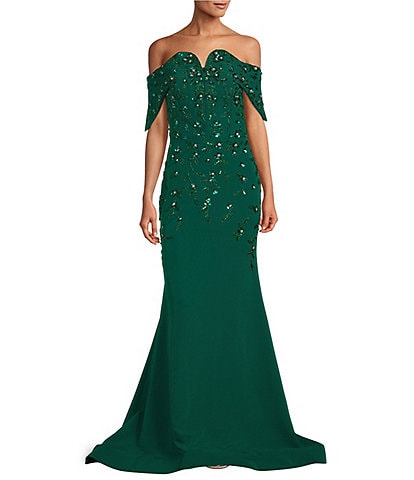 Terani Couture Beaded Satin Off-the-Shoulder Gown
