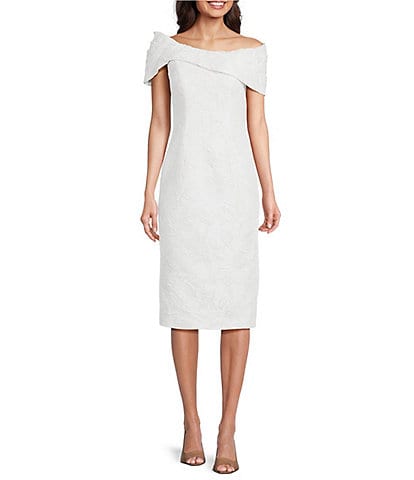 Terani Couture Brocade Off-the-Shoulder Cap Sleeve Sheath Midi Dress