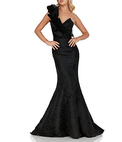 Terani Couture Brocade Ruffle One Shoulder Sleeveless Mermaid Gown
