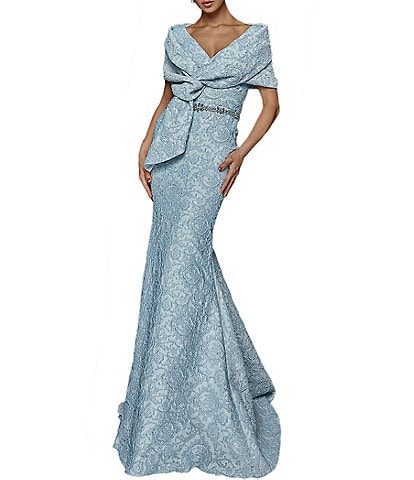 Terani Couture Brocade Twisted Short Sleeve Beaded Waist Mermaid Gown