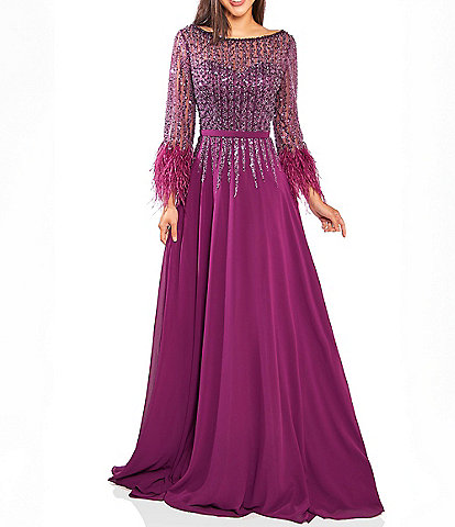 Terani Couture Chiffon Beaded Sequin Boat Neck Long Sleeve Feather Trim Gown