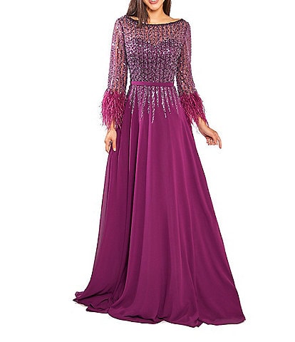 Terani Couture Chiffon Beaded Sequin Boat Neck Long Sleeve Feather Trim Gown