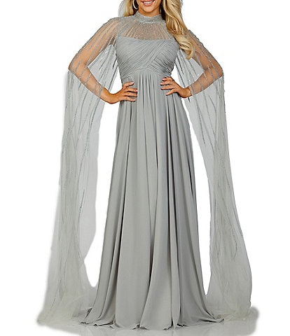 Terani Couture Chiffon Mock Neck Long Draped Embellished Sleeve A-Line Gown