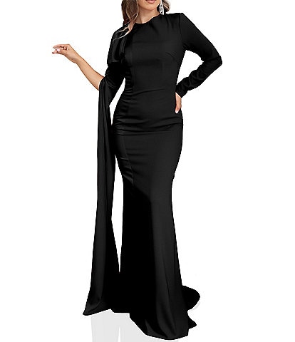 Terani Couture Crepe Crew Neck Long Sleeve Drape Sleeve Gown
