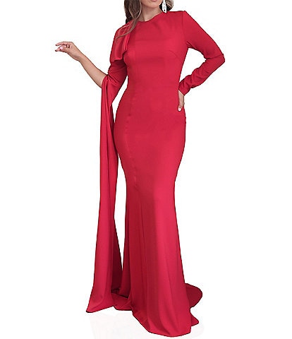 Terani Couture Crepe Crew Neck Long Sleeve Drape Sleeve Gown