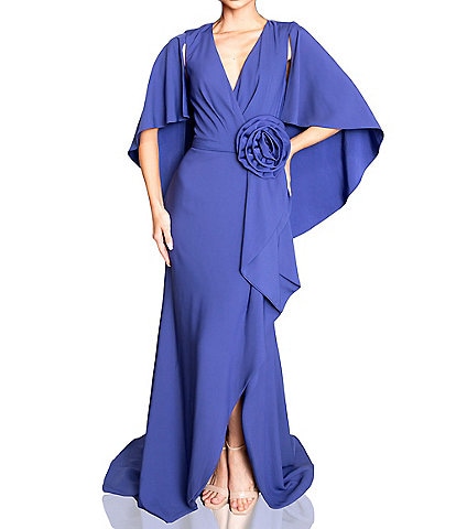 Terani Couture Crepe V Neckline Cape Back Rosette Waist Gown
