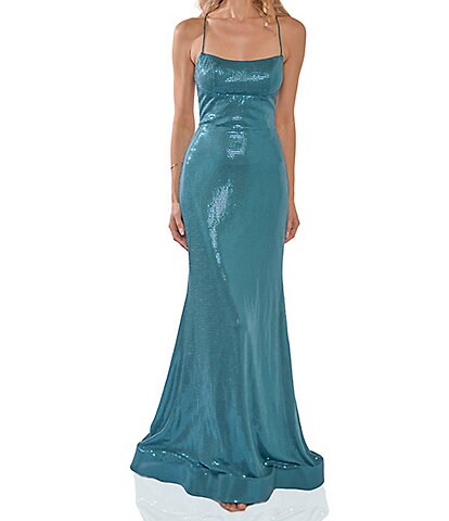 Terani Couture Criss Cross Low Back Sequin Column Gown