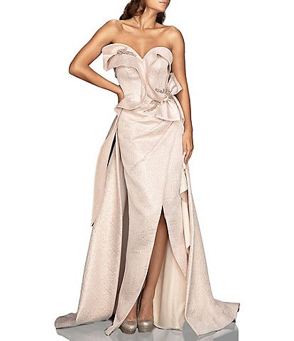 Terani Couture Embellished Metallic Strapless Sweetheart Neck Gown