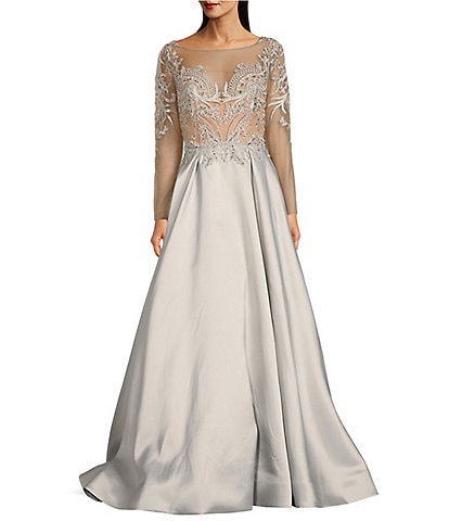 Terani Couture Embroidered Illusion Crew Neck Long Sleeve Beaded V-Back Ball Gown