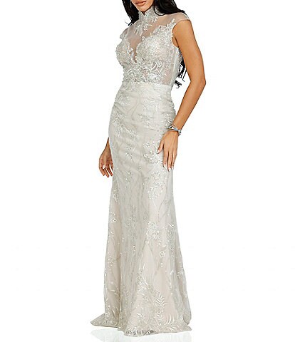 Terani Couture Embroidered Illusion Neckline Cap Sleeve Gown