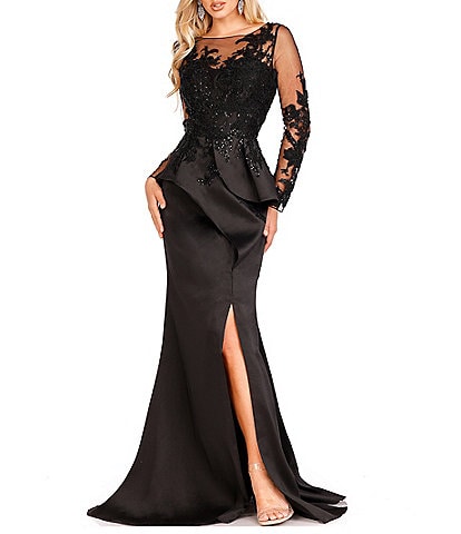 Terani Couture Embroidered Illusion Round Neck Long Sleeve Front Slit Ruffled Mermaid Gown