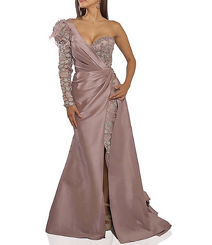Terani Couture Embroidered Mikado Feather Shoulder One Long Sleeve Front Slit Gown