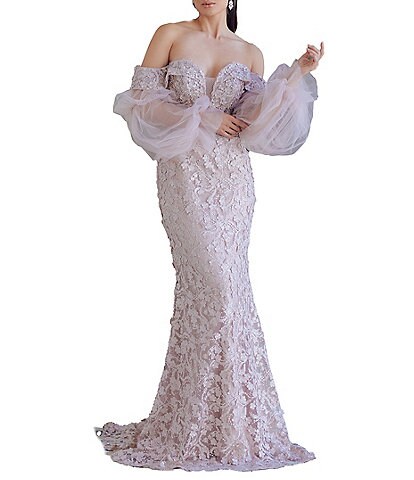 Terani Couture Embroidered Off-the-Shoulder Long Illusion Sleeve Mermaid Gown