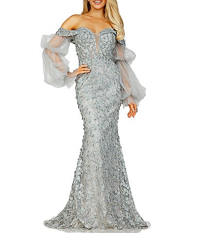 Terani Couture Embroidered Off-the-Shoulder Long Illusion Sleeve Mermaid Gown
