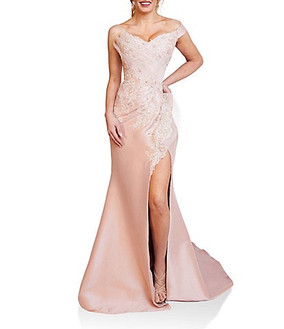 Terani Couture Embroidered One Strap Off-The-Shoulder Side Slit Gown