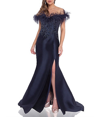 Terani Couture Feather Trim Off-the-Shoulder Front Slit Mermaid Gown