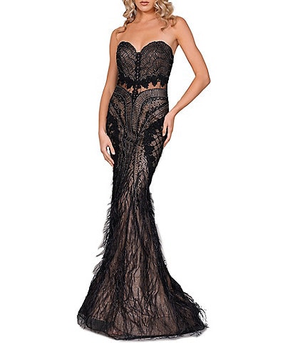 Terani Couture Feathered Lace Strapless Mermaid Gown