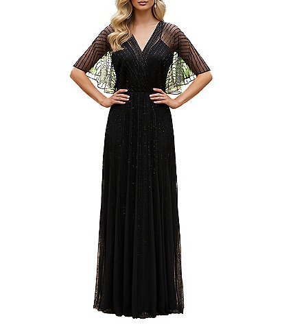 Terani Couture Flutter Sleeve Sequin Mesh Blouson Gown