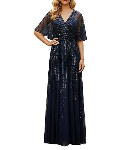 Terani Couture Flutter Sleeve Sequin Mesh Blouson Gown