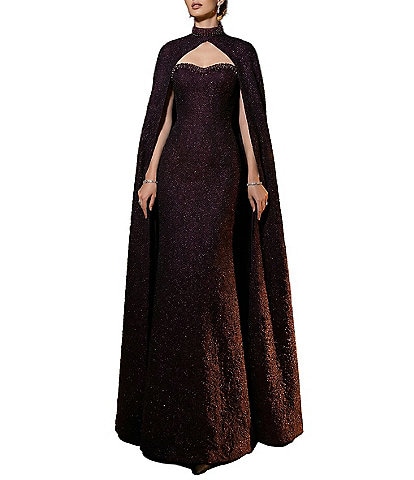 Terani Couture Halter Jacquard Capelet Gown