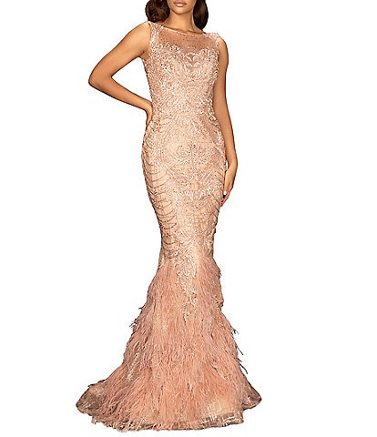 Terani Couture Illusion Boat Neck Sleeveless Sequin Beaded Embroidered Feather Skirt Mermaid Gown