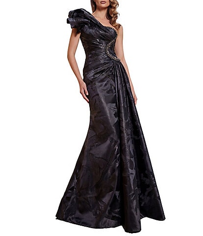 Terani Couture Jacquard Beaded Ruffle One Shoulder Trumpet Gown