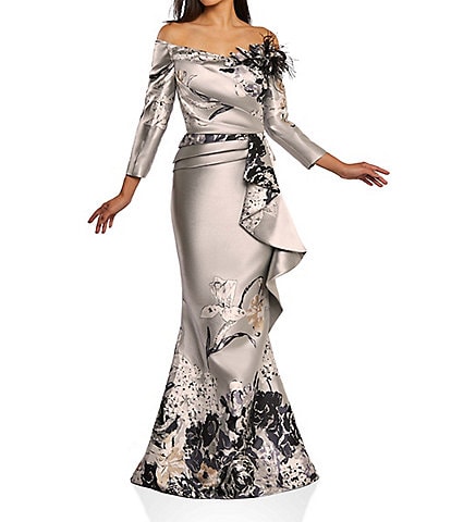 Terani Couture Jacquard Floral Off-the-Shoulder Long Sleeve Side Ruffle Feather Gown
