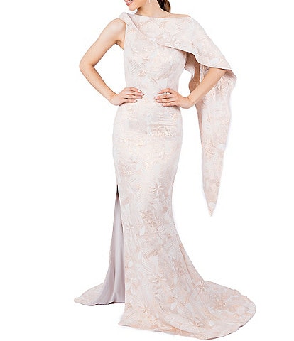Terani Couture Jacquard One Shoulder Cape Back Mermaid Gown