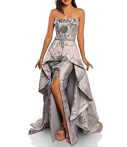 Terani Couture Jacquard Sequin Strapless Sleeveless Side Slit Over Skirt Gown