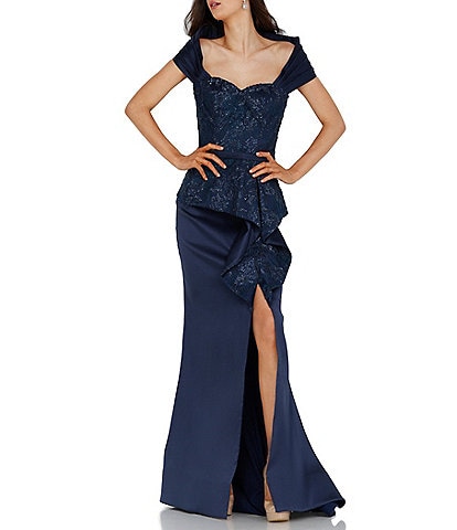 Terani Couture Lace Sweetheart Neck Cap Sleeve Front Slit Mermaid Gown