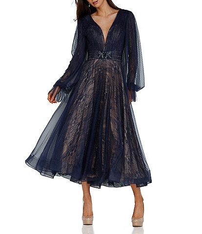 Terani Couture Lace V-Neck Long Sleeve Dress