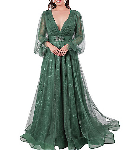 Terani Couture Lace V-Neck Long Sleeve Gown