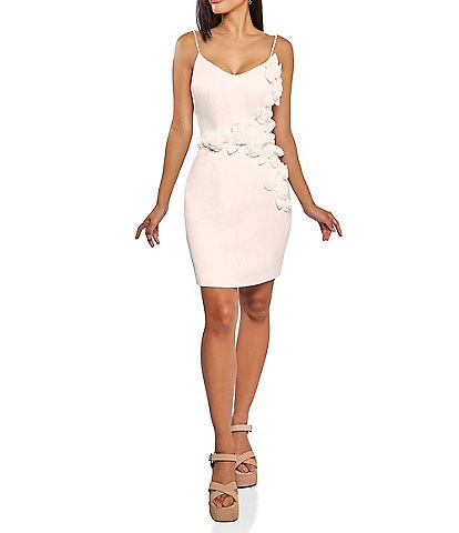 Terani Couture Matte Satin V-Neck Sleeveless Tie Strap 3D Floral Mini Dress