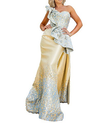 Terani Couture Metallic Jacquard One Shoulder Cascading Ruffle Peplum Mermaid Gown