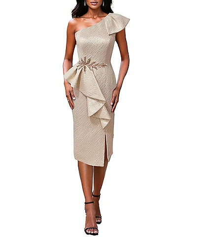 Terani Couture Metallic Jacquard Sheath Peplum One Shoulder Neckline Dress